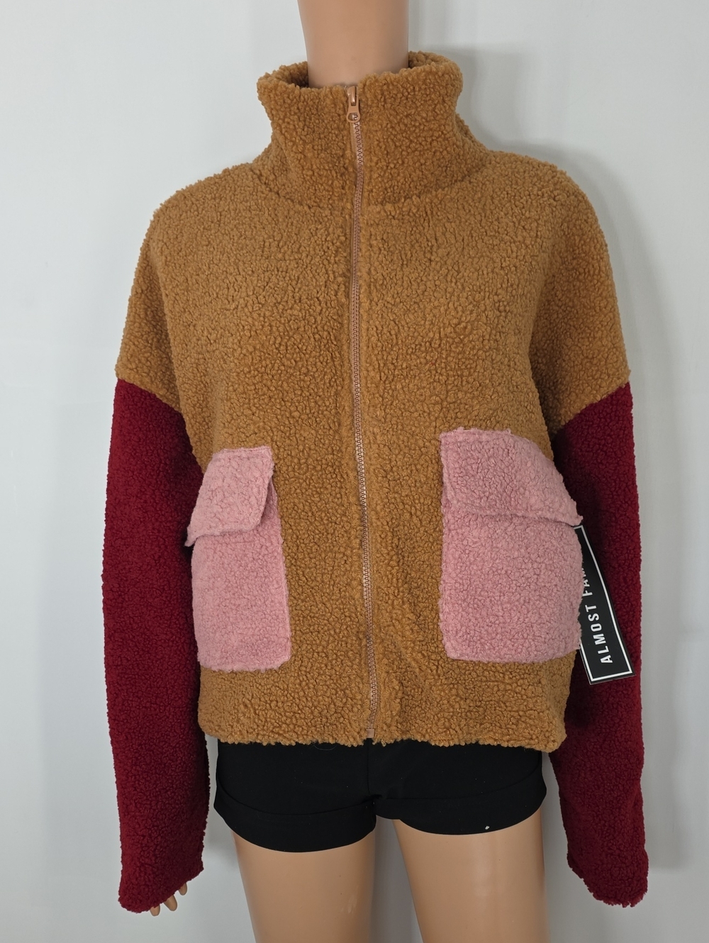 Almost Famous Colorblock Teddy Jacket in Brown, Pink & Burgundy Size L Large NWT